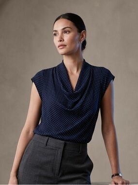 BANANA REPUBLIC Cowl Neck Blouse Women’s Navy Blue Pin Dot NWT Cap Sleeve